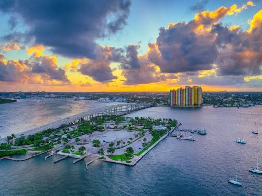 Aerial waterfront view of Riviera Beach at sunset