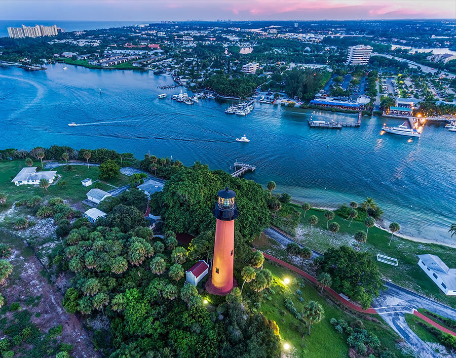 Aerial view of the Jupiter Inlet Lighthouse and waterways near Tequesta
